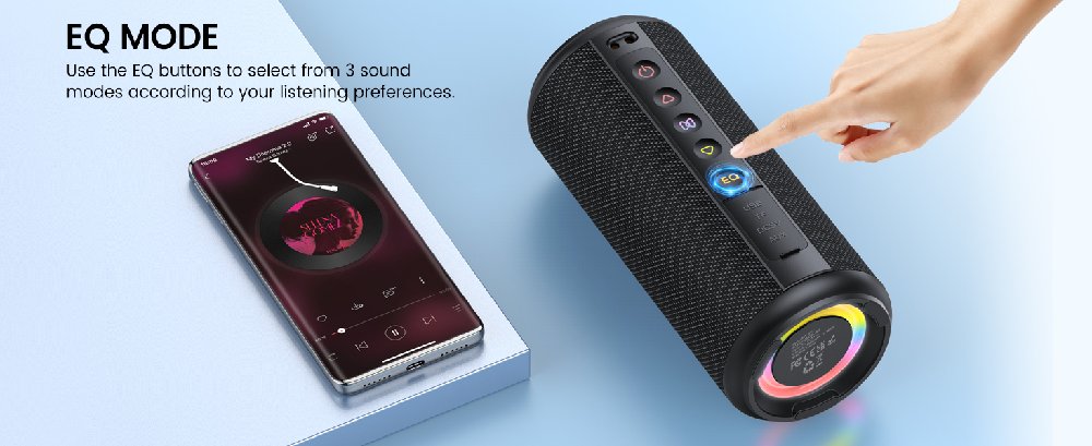 Text reads 'EQ MODE'. Multiple product images showing what appears to be audio equipment including a black cylindrical device and square packaging.